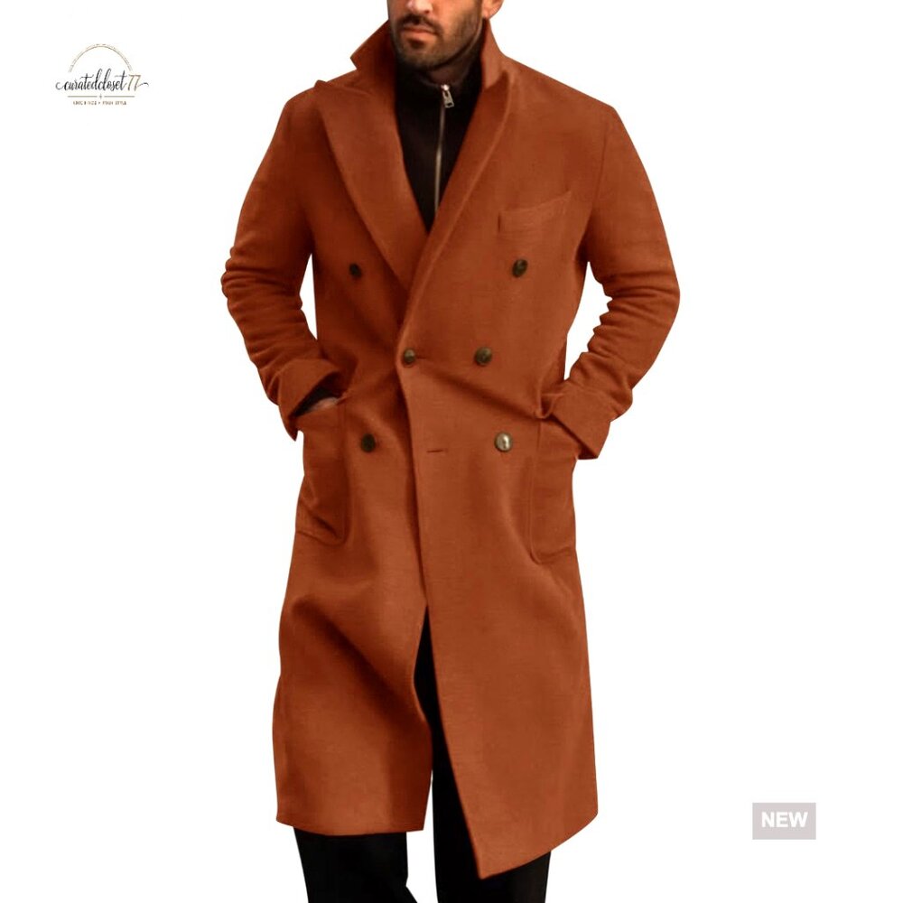Men's Wool Blend Trench Coat Double Breasted Winter Overcoat Classic Fit